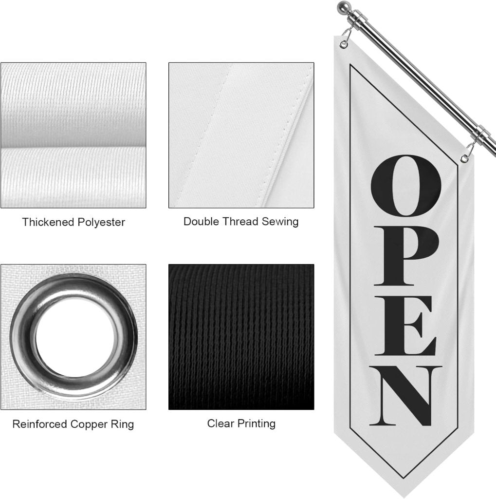 Vintage Style Open Flag, Double - Sided Three - ply Hanging Open Sign with Pole and Mounting Kit (White - W, 27")